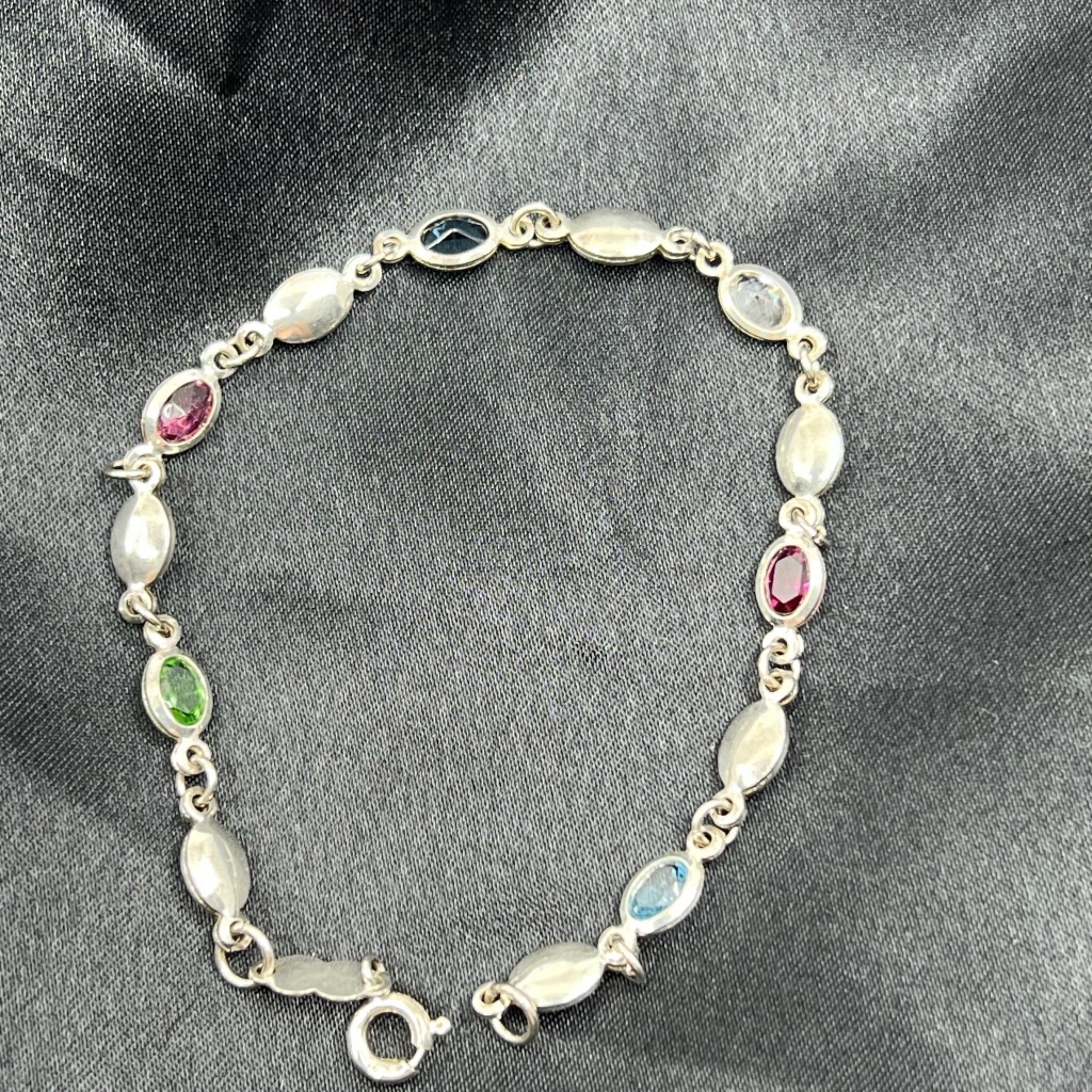 Vintage Italian Sterling Silver And Multicolor Stone Link Bracelet 7 14